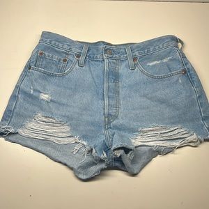 Levi’s 501 High Rise Light Wash Button Fly Waterless Distressed Denim shorts